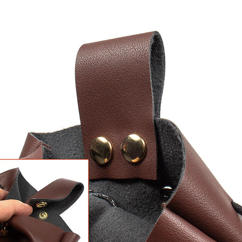 Detail of Badass Brown Leather Belt Pouch For Medieval Renaissance And Viking Larp with snap buttons and drawstring opening.