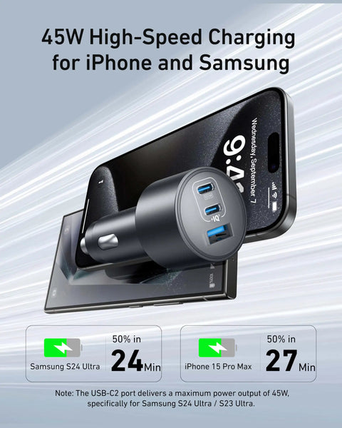 Ultra Compact 167.5W Triple Port USB-C Car Charger With 100W USB-C1, 45W USB-C2, And 22.5W USB-A Fast Charging for iPhone and Samsung