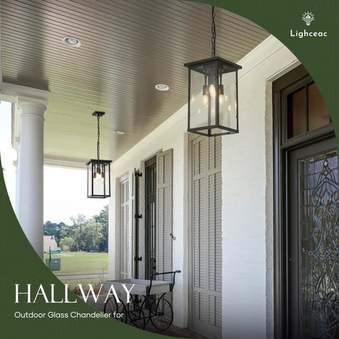 8 Inch Modern Black Exterior Lantern Pendant Light With 3 Lights, Acrylic Bubble Glass Shade, lit hallway porch