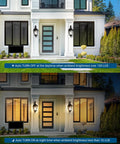 Two scenes of a house entrance with Dusk To Dawn Outdoor Wall Light With Built In Sensor No Fuss Easy Install Auto On Off At Night Waterproof Exterior Lantern Black Roman Style 17.7 Inch Sconce for Porch House Garage Or Patio E26 Socket Weather Resistant.
