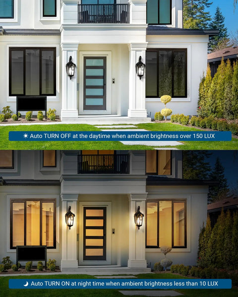 Two scenes of a house entrance with Dusk To Dawn Outdoor Wall Light With Built In Sensor No Fuss Easy Install Auto On Off At Night Waterproof Exterior Lantern Black Roman Style 17.7 Inch Sconce for Porch House Garage Or Patio E26 Socket Weather Resistant.