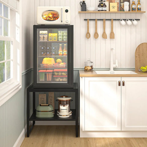 Premium Black Square End Table With Rich Wood Grain Finish Heavy Duty Frame And Cold Beer Mini Fridge Stand in kitchen setting.