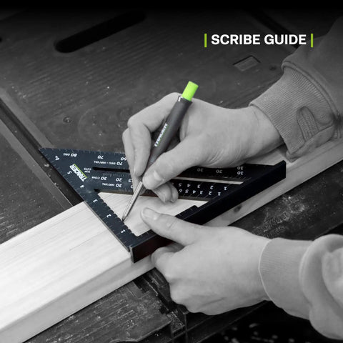 7 Inch Aluminum Rafter Square With Imperial Hip Valley Scales For Dead Easy Roofing Layouts Heavy Duty Carpenter Triangle Ruler used for precise marking on wood.