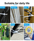 White Zip Ties 8 Inch 100 Pack Built Tough Heavy Duty Industrial Grade Cable Ties 40 Lb Tensile Strength UV Resistant Self Locking Wire Ties Indoor Outdoor Use For Fence Garage Camping securing various items like cables and pipes in daily scenarios.