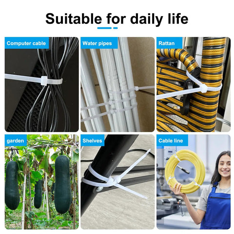 White Zip Ties 8 Inch 100 Pack Built Tough Heavy Duty Industrial Grade Cable Ties 40 Lb Tensile Strength UV Resistant Self Locking Wire Ties Indoor Outdoor Use For Fence Garage Camping securing various items like cables and pipes in daily scenarios.