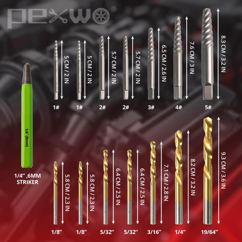 15 Piece Screw Extractor Set With Left Hand Drill Bits And Striker Gnarly Damaged Screw Removers From 1/8 To 19/64 Inch Easy Out Kit