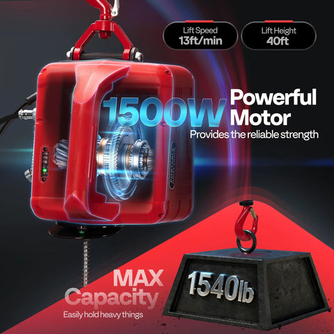 Red VIVOHOME 3-in-1 electric hoist winch with wire rope and remote, 1540 lb capacity, 110V, 40 ft lift