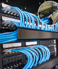 Two Pack 1U 19 Inch Cable Manager For Network Cabinets, 24 Slot Horizontal Wire Organizer neatly managing blue cables in data center rack.
