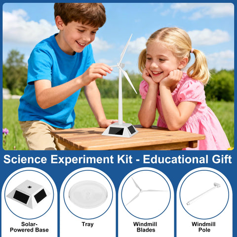 Children assembling Solar Powered Windmill Kit for Desk and Home Decor, outdoors with components labeled for educational use.