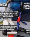 Heavy Duty Ratchet Boat Straps Pack Of 2 With 2400 Lb Break Strength, 1 Inch Wide By 2.5 Feet Long, attached to boat trailer