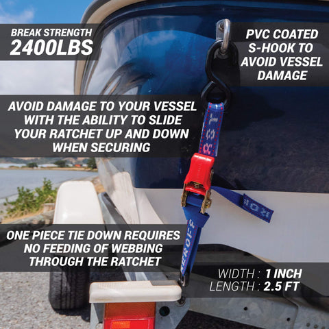 Heavy Duty Ratchet Boat Straps Pack Of 2 With 2400 Lb Break Strength, 1 Inch Wide By 2.5 Feet Long, attached to boat trailer