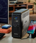 Intelligent LCD UPS Battery Backup And Surge Protector With 1500VA 900W Power 12 Outlets And 2 USB Ports AVR Boost Mini Tower in use
