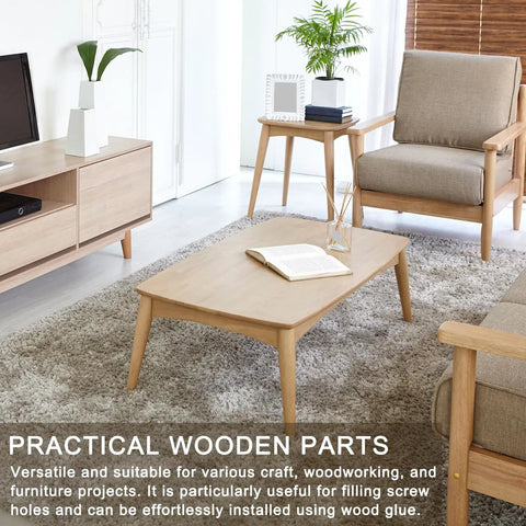 Flat Head Wood Plugs 1 Inch Set With 50 Pieces Wooden Button Screw Plugs For Diy Furniture Tables And Chairs Screw Hole Covers Unfinished Wood You Can Paint Or Stain on a modern coffee table in a living room setting.
