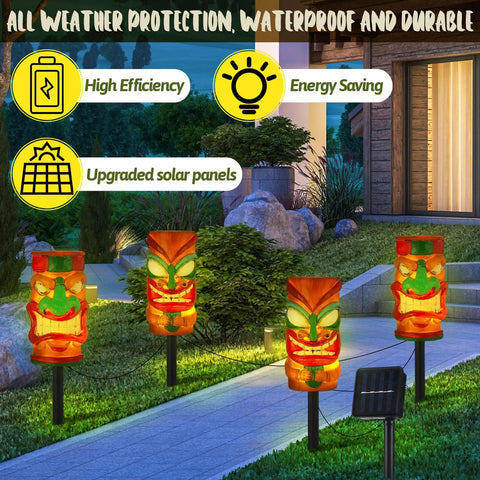 4 Pack Solar Tiki Light Decor Waterproof Tiki Statues for Outdoor Hawaiian Party in garden at night