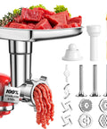 Polished Stainless Steel Meat Grinder Attachment For Stand Mixers Dishwasher Safe Anti Corrosion 18 Piece Set displayed with accessories