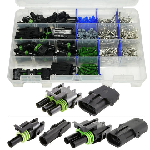 Dope 374 Piece Weather-Pack Connector Kit With Sealed Automotive Terminals For 1 To 3 Pin Holes Perfect For 20 Amp Wiring And 10 To 20 Gauge Cabled Electronics Projects, assorted connectors in organizer