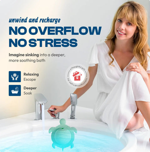 Silicone Turtle Bathtub Overflow Drain Cover In Sea Grass Green Adds Inches For A Deep Chill Soak With Leakproof Fit And No Sweat Bathroom upgrade in use with a woman in a bathtub.