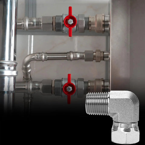 Heavy Duty Hydraulic Fitting Half Inch Male NPTF To Half Inch NPSM Female Swivel 90 Degree Elbow SAE Pipe Joint Connector Built To Last Forged Carbon Steel Hose Adapter For Hydraulic Systems installed on hydraulic lines