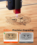 3.5W Laser Engraver With 130x130mm Work Area demonstrating precision engraving on wood with a cat face design.