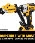 DEWALT metal shear/cutter drill attachment with 360° pivoting head on a yellow and black 20V drill.