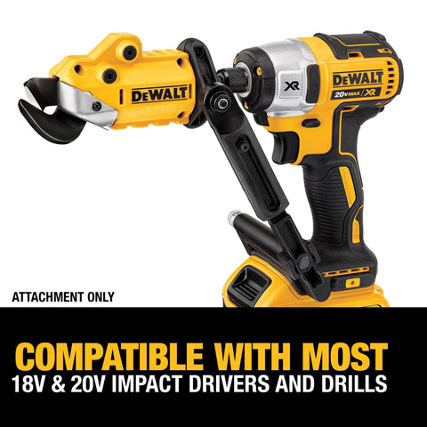 DEWALT metal shear/cutter drill attachment with 360° pivoting head on a yellow and black 20V drill.