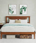 Heavy Duty Solid Pine Queen Platform Bed Frame With Stylish Headboard Thick Wood Slat Support in a serene bedroom setting.