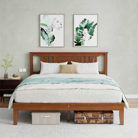 Heavy Duty Solid Pine Queen Platform Bed Frame With Stylish Headboard Thick Wood Slat Support in a serene bedroom setting.