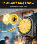 Retractable 40 Foot Extension Cord Reel with 10 AWG Heavy Duty SJTOW Cable mounted on ceiling in workshop.