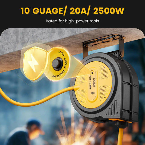 Retractable 40 Foot Extension Cord Reel with 10 AWG Heavy Duty SJTOW Cable mounted on ceiling in workshop.