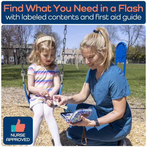 KeepGoing Kids Travel First Aid Kit pouch handed to girl on park swing; nurse-approved badge visible.