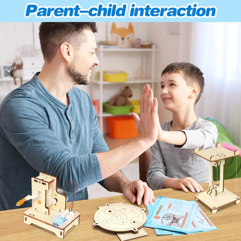 Five In One STEM Kit For Kids Ages 8 To 12 Build Sun Earth Moon Model Mini Telegraph Hand Generator with father and son