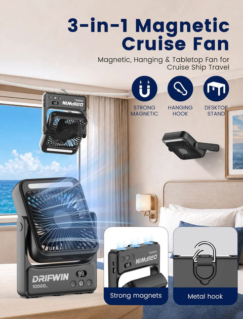 Cruise Certified Portable Fan With Night Light 10000mAh Ultra Slim Travel Fan 4 Speed Modes Hook Design in a cruise ship room
