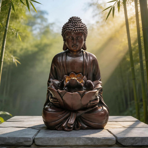 Chill Zen Buddha Outdoor Water Fountain 19 Inch Handcrafted Statue Water Feature with soothing waterfalls and lights in garden