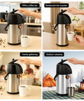 Pump Action Airpot Coffee Dispenser 3L Stainless Steel Thermal Carafe in various settings - office, restaurant, home, camping