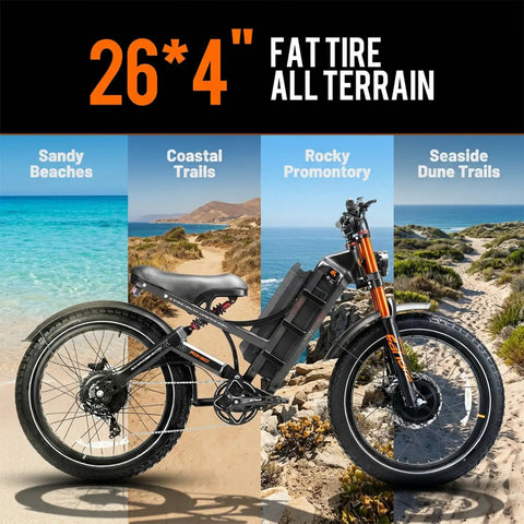 2026 Romeo Pro 3 Adult Electric Ebike With Dope Styling And Dual Motors That Kick 6000 Watts Of Raw Power Through A Heavy Duty Frame loaded with 60 Volt 80 Ah Cells sending you 250 miles smooth as butter on deep blue full suspension fat tires on various terrains.