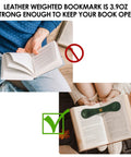 Comparison of reading with and without Red Leather Weighted Bookmark With Bronze Accent Corner Page Holder For Books