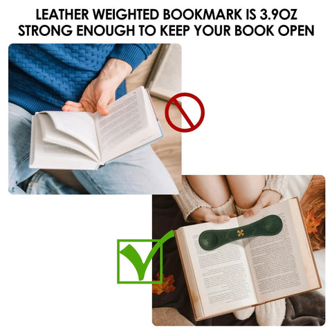 Comparison of reading with and without Red Leather Weighted Bookmark With Bronze Accent Corner Page Holder For Books