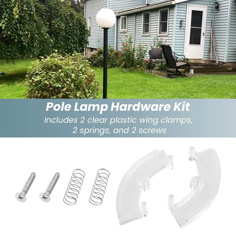 Spring Wing Clamp Hardware Kit For Post Top Replacement showing wing clamps, screws, tension springs in outdoor setting