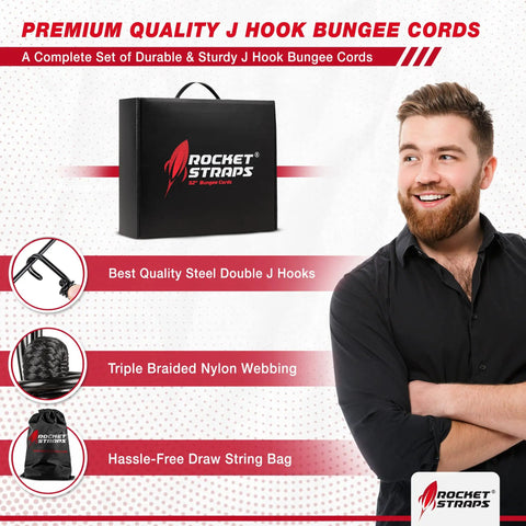 Beefy Outdoor Bungee Cord Set With 12 Heavy Duty Cords 72 Inch Long Double J Hooks Multipurpose Elastic Straps in packaging with features