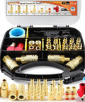 Beefed Up Quick Connect Hose Fittings Kit For Air Compressors 1/4 Inch NPT With 360 Degree Swivel Couplers And Plugs 22 Piece Set Includes Nipples Teflon Tape For Pro DIY Air Tool Setup, open case with brass fittings