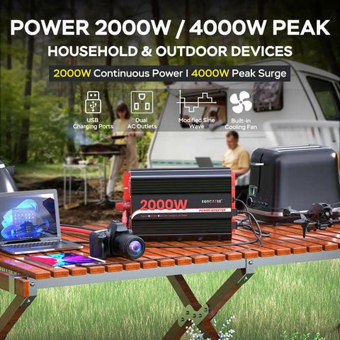 Heavy Duty Two Thousand Watt Power Inverter For Rv Truck And Camper 12 V Dc To 110 V Ac With Clear Lcd Screen powers laptop and camera on a picnic table.