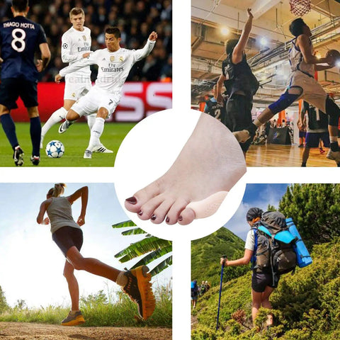 Pinky Toe Protector And Bunion Corrector Gel Separator in use during sports and outdoor activities, close-up on foot.