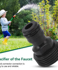 Garden Hose Quick Connect Fittings Set Must Have 10 Pcs Water Hose Connectors Quick Connectors Tap Adapters Plastic Female To Male G Three Quarter Inch Thread Nipple Hose Quick Connect For Sprinklers Power Washers, black plastic fitting with child using hose in background.