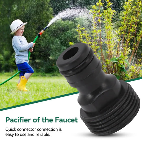 Garden Hose Quick Connect Fittings Set Must Have 10 Pcs Water Hose Connectors Quick Connectors Tap Adapters Plastic Female To Male G Three Quarter Inch Thread Nipple Hose Quick Connect For Sprinklers Power Washers, black plastic fitting with child using hose in background.