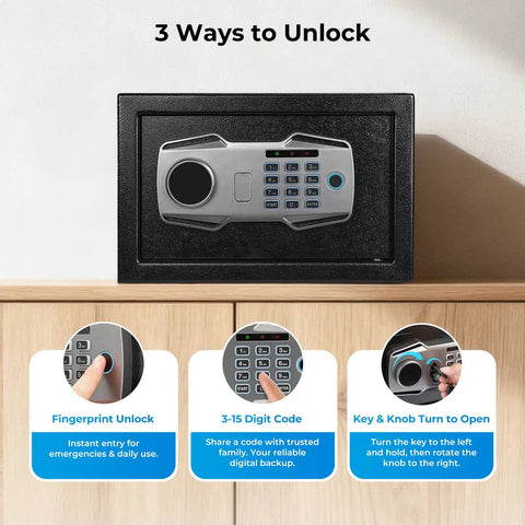 Smart Biometric Fingerprint Safe Lockbox With 3 Way Access, Electronic Keypad, Large Display Screen, USB C Port, shown on shelf