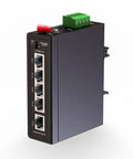 Front view of Industrial 5 Port Ethernet Switch Built Tough With 4 Local Ports And 1 Uplink, Rugged Aluminum DIN Rail Mountable