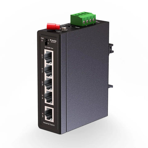 Front view of Industrial 5 Port Ethernet Switch Built Tough With 4 Local Ports And 1 Uplink, Rugged Aluminum DIN Rail Mountable