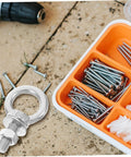 Beefy Heavy Duty Stainless Steel Swing Hardware Kit With Eye Bolts And Fixed Installation Buckles For Hammocks And Swings High Load Capacity With Quick Setup Screws And Bolts close-up of eye bolt and screws