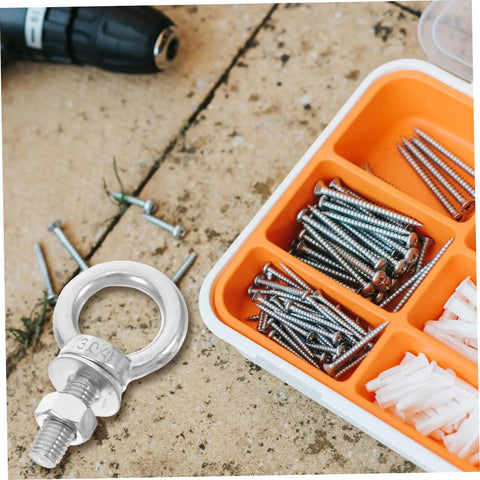 Beefy Heavy Duty Stainless Steel Swing Hardware Kit With Eye Bolts And Fixed Installation Buckles For Hammocks And Swings High Load Capacity With Quick Setup Screws And Bolts close-up of eye bolt and screws