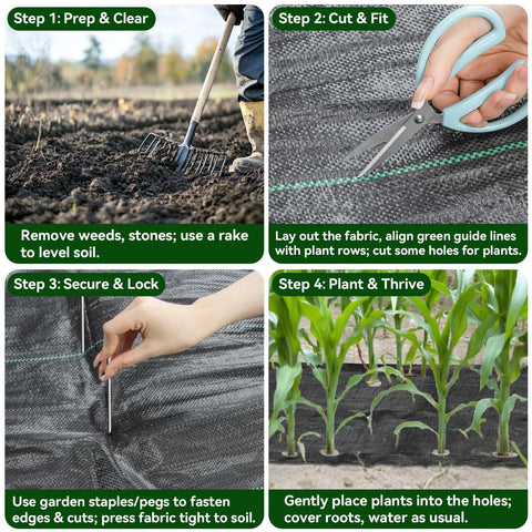 Four-step gardening guide showing use of Heavy Duty Weed Barrier Fabric For Gardens And Lawns, 3.2 X 16.4 Ft Premium Landscape Fabric